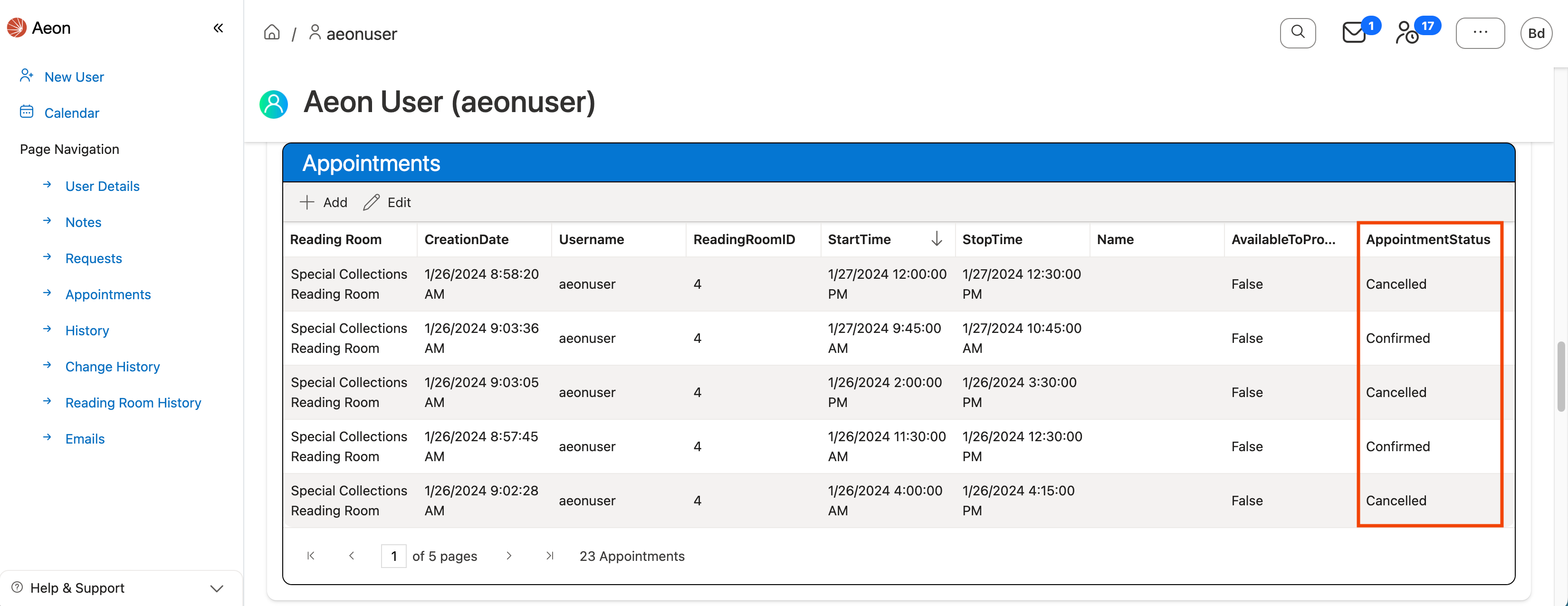 Appointment Status displayed in Appointments grid on User Record